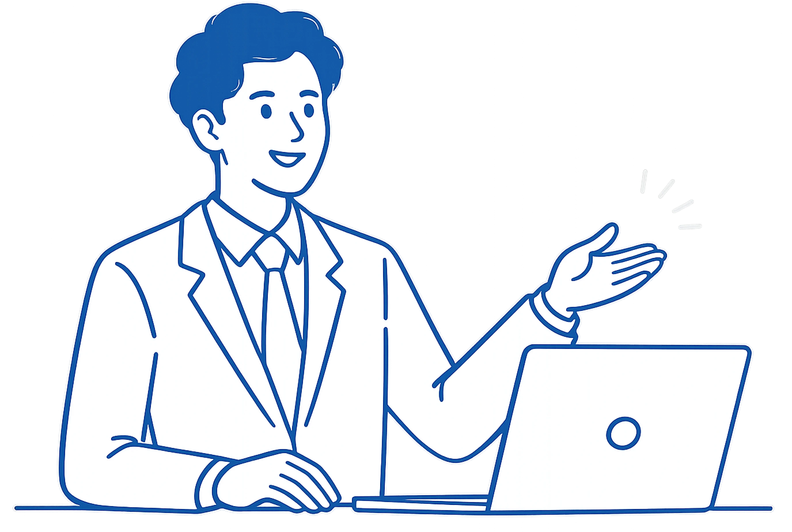 ノートPCの前で説明する人物のイラスト